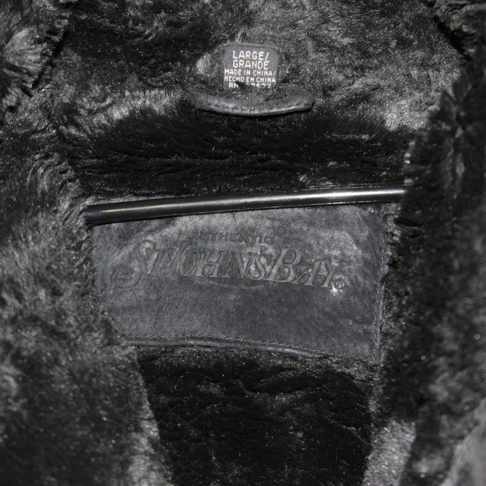 VTG St Johns Bay Black Leather Duffle Coat Hooded Faux Fur Trim Lined Womens L - Picture 4 of 8